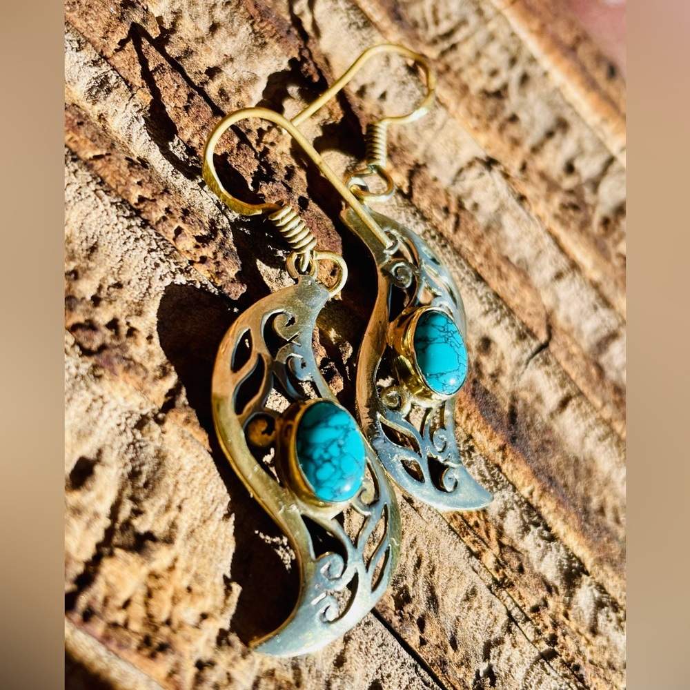 Vintage Boho Brass and Turquoise Earrings - Picture 10 of 15